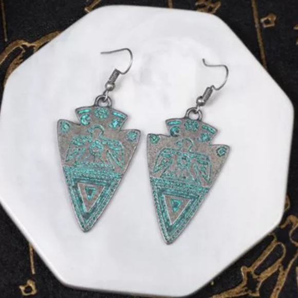 Indian Style Turquoise Arrowhead Tribal Earrings - Picture 3 of 6